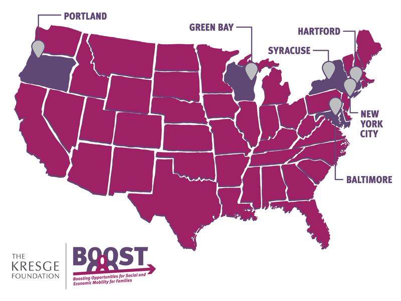 The Kresge Foundation: Boosting Opportunities for Social and Economic Mobility for Families. Six BOOST cities: Portland, OR; Green Bay, WI; Syracuse, NY; New York City, NY; Baltimore, MD; and Hartford, CT